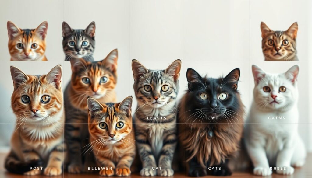 A beautifully lit, high-resolution photograph of a grid display showcasing various domestic cat breeds. The foreground features a selection of different feline portraits, each with distinct facial features, fur patterns, and expressions that capture the unique charm of popular cat companions. The middle ground showcases a clean, minimalist layout with subtle dividers and clean typography highlighting the breed names. The background is softly blurred, creating a sense of depth and focus on the central subject matter. The overall mood is elegant, informative, and inviting, emphasizing the diversity and appeal of domestic cat breeds as ideal household pets.