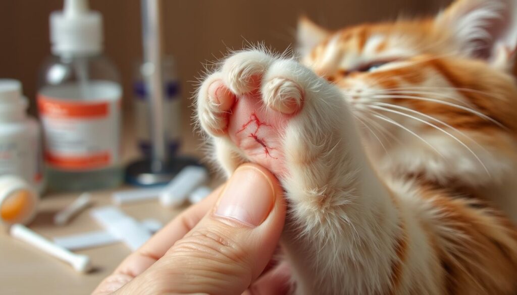 A close-up view of a cat's paw, showcasing the proper techniques for wound care. The paw is gently held, revealing a minor cut or scrape. The camera angle is slightly elevated, creating a sense of care and attention. Soft, warm lighting illuminates the scene, highlighting the delicate texture of the cat's fur and the details of the injury. In the background, blurred medical supplies such as bandages, antiseptic, and cotton swabs convey the clinical setting. The overall mood is one of tenderness and expertise, guiding the viewer through the essential steps of treating a cat's minor wounds.