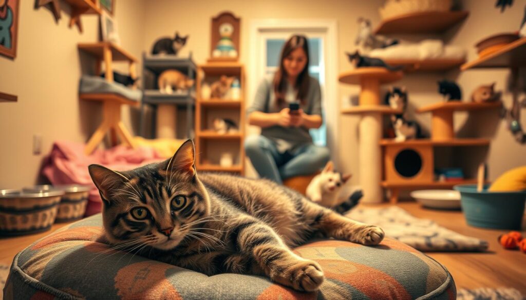 A cozy and inviting cat foster home, bathed in soft, warm lighting. In the foreground, a cat lounges comfortably on a plush, colorful cushion, its eyes content and alert. Behind it, a group of kittens playfully explore their surroundings, climbing on shelves and scratching posts designed for their comfort and enrichment. The middle ground features a dedicated volunteer, gently interacting with the felines, providing them with affection and care. In the background, subtle details like bowls of food, toys, and a clean, well-organized environment create a sense of safety and security. The overall atmosphere conveys the importance of feline foster care, where rescued or displaced cats can receive the attention and support they need until permanent homes are found.