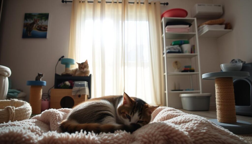 A cozy domestic interior, sunlight filtering through sheer curtains, illuminating a scene of cat foster care. In the foreground, a contented feline curled up on a plush blanket, surrounded by toys and scratching posts. In the middle ground, a human foster parent gently interacting with the cat, their face alight with affection. The background features shelves stocked with cat supplies, a water bowl, and a litter box discreetly tucked away. The overall atmosphere is one of tranquility, comfort, and the rewarding bond between human and feline.