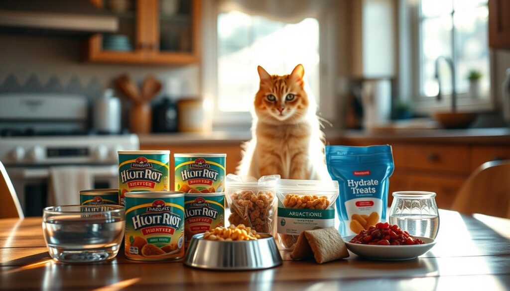 A cozy kitchen setting with sunlight streaming through the window, casting a warm glow on a tabletop display showcasing a variety of cat hydration tips. In the foreground, a selection of fresh water bowls, wet food cans, and hydration-rich treats arranged artfully. In the middle ground, a healthy-looking cat sitting attentively, its eyes drawn to the array of options. The background features a soft, blurred view of the kitchen, hinting at the comforts of a well-cared-for feline home. The overall mood is one of thoughtful, nurturing care, encouraging the viewer to consider the importance of proper hydration in a cat's balanced diet.