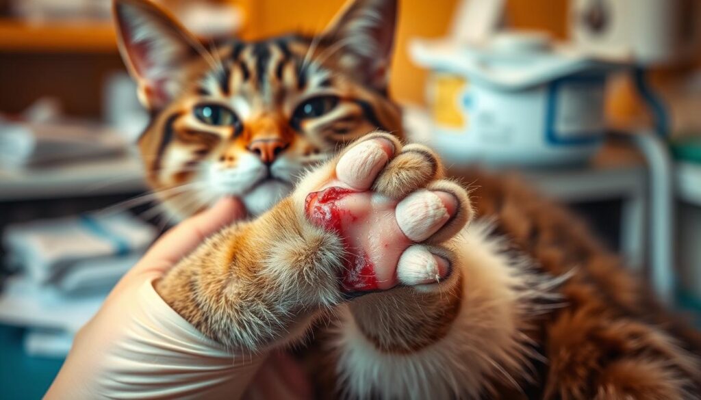 A detailed close-up of a cat's paw, showing a clean, treated wound. The paw is held gently in a human hand, with bandages and medical supplies visible in the background. Warm, soft lighting illuminates the scene, casting a comforting, caring atmosphere. The image conveys a sense of attentive, professional wound treatment, with the cat's expression suggesting calmness and trust. Realistic textures, subtle shadows, and a shallow depth of field focus the viewer's attention on the injured area.