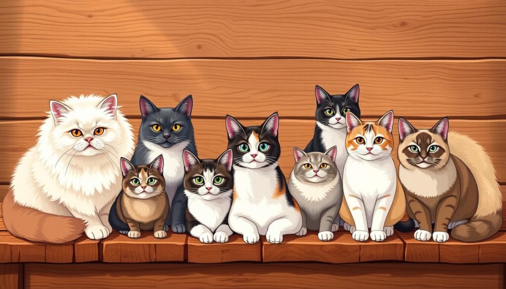 A detailed, illustrated guide showcasing the most popular domestic cat breeds for families. The scene depicts a rustic wooden tabletop with carefully arranged portraits of different cat breeds - Persian, Maine Coon, Ragdoll, Siamese, and more. The lighting is warm and natural, creating a cozy, inviting atmosphere. Each cat portrait is rendered with a high level of detail, capturing the unique features and personalities of the breeds. The overall composition is balanced and visually appealing, drawing the viewer's attention to the diversity of domestic cat breeds suitable for family homes.