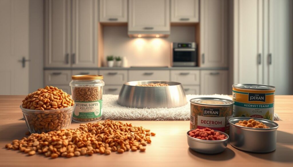 A detailed illustration of feline feeding guidelines, showcasing an array of dry and wet cat food options. In the foreground, a well-lit tabletop displays an assortment of high-quality kibble and canned wet food, meticulously arranged to highlight their distinct textures and colors. In the middle ground, a sleek, brushed metal feeding bowl sits atop a plush, textured rug, casting a soft, inviting glow. The background features a minimalist, yet elegant kitchen setting, with clean lines and neutral tones, creating a serene, informative atmosphere. The overall composition conveys a sense of professionalism and expertise, guiding the viewer through the nuances of responsible cat nutrition.