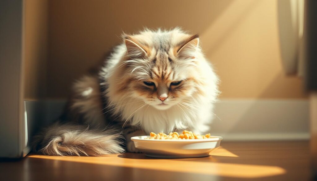 A fluffy cat sitting peacefully in a cozy, sunlit nook, intently focused on savoring a small plate of food. The scene is bathed in soft, warm light, creating a serene, tranquil atmosphere. The cat's environment is uncluttered, with minimal distractions, allowing it to eat undisturbed. The cat's expression is calm and content, conveying a sense of comfort and relaxation. The camera angle is positioned slightly above the cat, giving a sense of intimacy and closeness to the subject. The overall composition is balanced and visually pleasing, drawing the viewer's attention to the cat's enjoyment of its meal in a peaceful, stress-free setting.