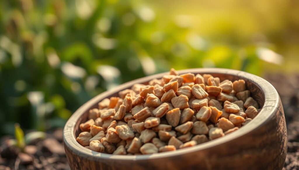 A high-quality, grain-free dry cat food in a natural, earthy setting. The food is presented in a rustic wooden bowl, with a shallow depth of field to emphasize the texture and quality of the kibble. The lighting is warm and natural, casting gentle shadows and highlights to create depth and dimension. The background features a soft, blurred landscape of lush greenery, hinting at the product's organic and sustainable attributes. The overall mood is one of premium, wholesome nourishment for discerning feline companions.