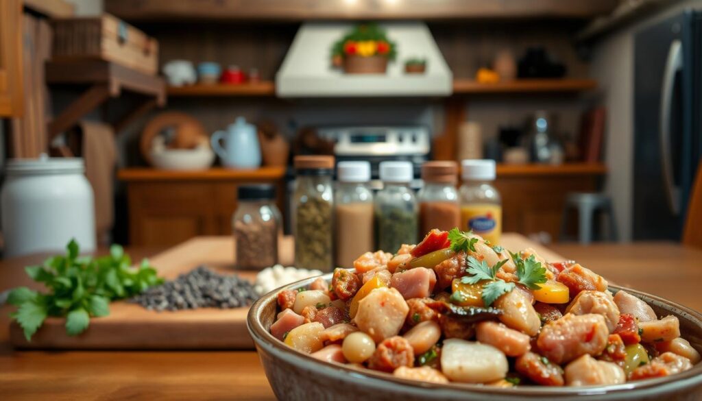A homemade cat food recipe set against a rustic kitchen backdrop. In the foreground, a bowl filled with a hearty, homemade cat food blend, featuring fresh meat, vegetables, and supplements. The ingredients are carefully arranged, with a gentle spotlight illuminating the dish, creating a warm, inviting atmosphere. In the middle ground, an assortment of cat-safe herbs and spices are neatly organized on a wooden cutting board. The background features a cozy, farmhouse-style kitchen, with exposed wooden beams, a vintage oven, and a few scattered cat toys, suggesting a loving, pet-friendly environment. The overall scene conveys a sense of wholesome, homemade nourishment for a beloved feline companion.