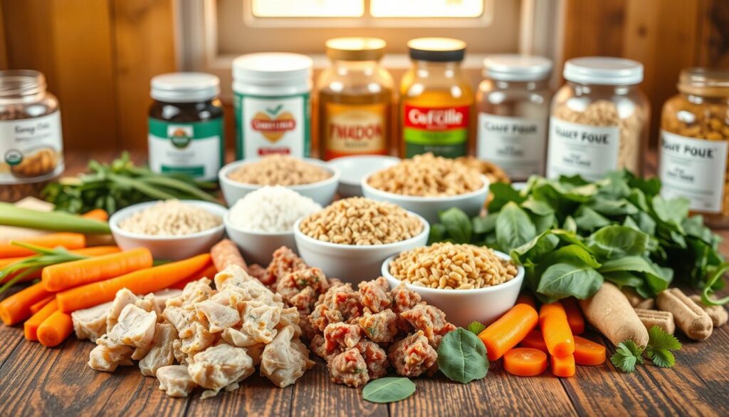 A neatly arranged composition of various homemade cat food ingredients on a rustic wooden table. In the foreground, a mix of high-quality proteins such as ground chicken, beef, or fish, accompanied by fresh vegetables like carrots, peas, and spinach. In the middle ground, bowls containing healthy grains like brown rice, quinoa, and whole wheat flour. In the background, jars of supplements like omega-3 oils, probiotics, and vitamins, illuminated by warm, natural lighting from a nearby window. The overall scene conveys a sense of wholesome, homemade goodness, inviting the viewer to consider the benefits of preparing nutritious meals for their feline companions.