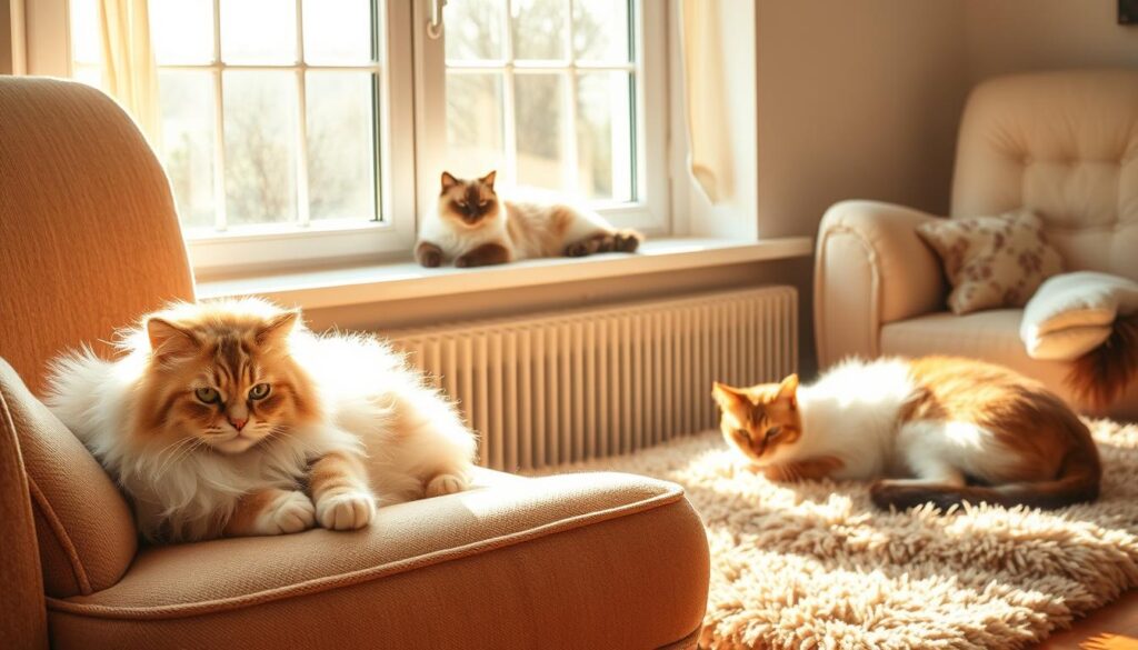 A peaceful indoor scene of several low-shedding cat breeds lounging in a cozy living room. In the foreground, a Siberian cat calmly rests on a plush armchair, its soft, fluffy coat gleaming under warm, natural lighting. In the middle ground, a Balinese cat gracefully stretches on a window sill, its long, silky fur complementing the sunlit atmosphere. In the background, a Cornish Rex cat curls up on a plush rug, its short, wavy coat reflecting the room's inviting ambiance. The overall mood is one of tranquility and low-maintenance feline companionship.