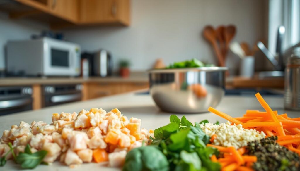 A spacious kitchen countertop bathed in warm, natural light. In the foreground, a variety of fresh, high-quality ingredients - diced chicken, grated carrots, chopped spinach, and a mix of herbs and spices. In the middle ground, a clean, stainless steel bowl filled with a homemade cat food mixture, ready to be portioned and served. The background features minimal clutter, with a few kitchen appliances and utensils visible, creating a sense of order and focus on the food preparation process. The overall atmosphere is one of care, attention to detail, and a commitment to providing the best possible nutrition for a beloved feline companion.