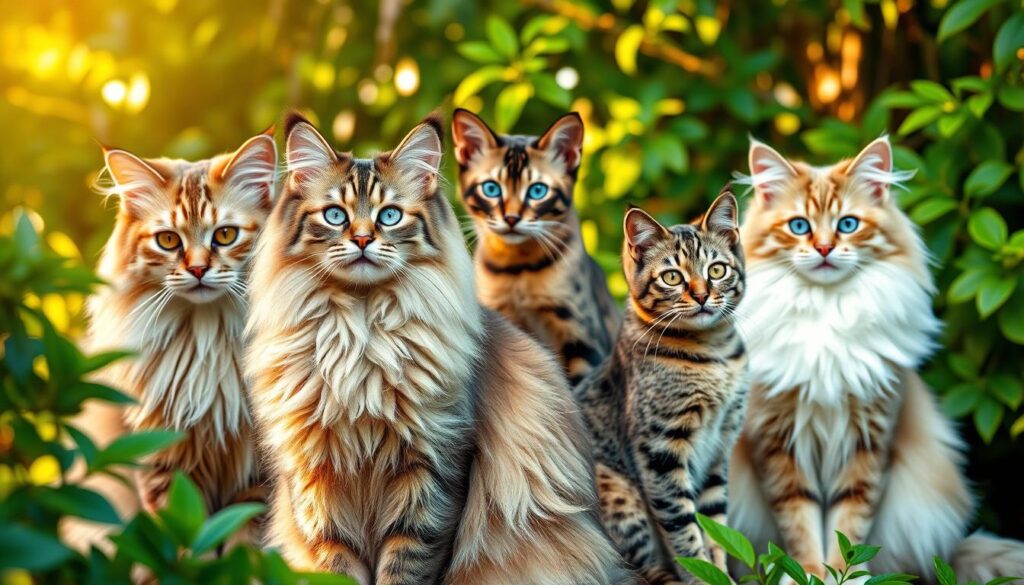 A stunning, high-resolution image of eight of the most beautiful and elegant cat breeds in the United States, captured in a serene and natural setting. In the foreground, a majestic Maine Coon, its thick, fluffy coat shimmering in the soft, warm lighting. Behind it, a graceful Siamese, its piercing blue eyes and slender frame exuding feline elegance. In the middle ground, a Persian cat, its long, silky fur cascading around its regal face. In the background, a Bengal cat, its spotted coat catching the sunlight, and a Ragdoll, its fluffy, blue-eyed gaze captivating the viewer. The image is framed by lush, verdant foliage, creating a tranquil and natural atmosphere that showcases the inherent beauty and charm of these remarkable cat breeds.