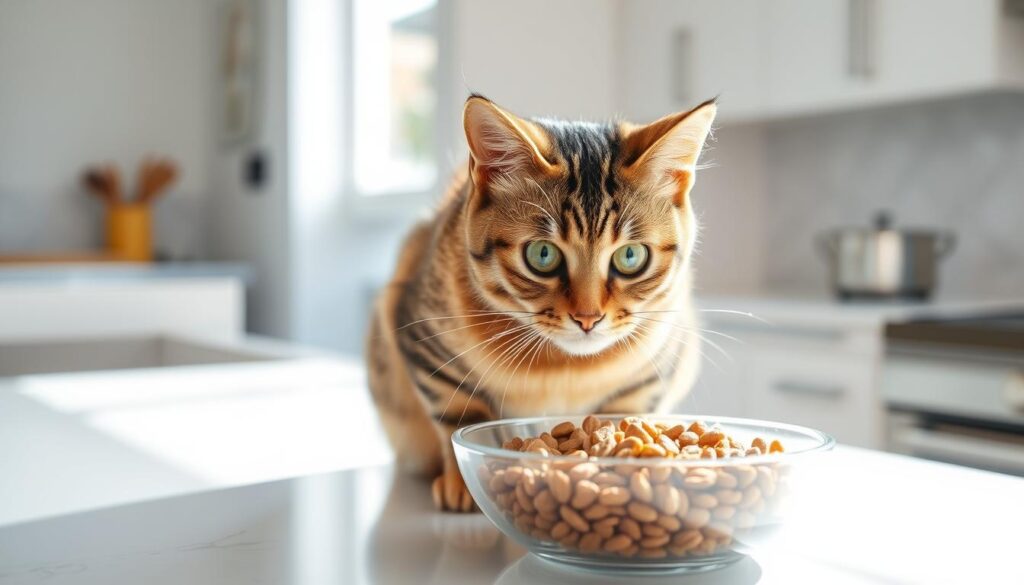 A tabby cat sitting on a kitchen counter, examining a bowl of dry cat food with an inquisitive expression. The countertop is clean and well-lit, with natural sunlight streaming in through a nearby window. The cat's eyes are wide and its whiskers are slightly extended, conveying a sense of curiosity and hesitation about the new food. The background is slightly blurred, keeping the focus on the cat and the food bowl. The overall mood is one of a gentle, thoughtful transition, with the cat carefully considering this new dietary change.