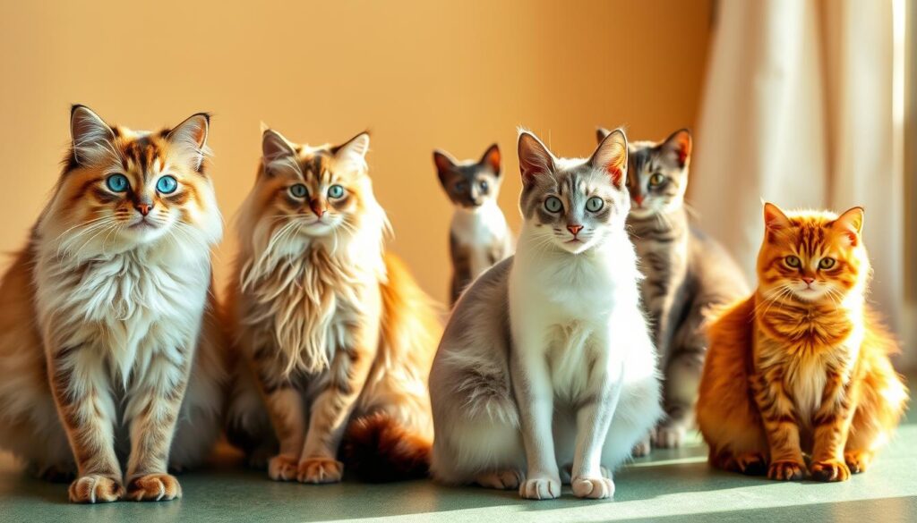 A vibrant, well-lit scene showcasing a variety of non-shedding cat breeds. In the foreground, a Siberian cat with its striking blue eyes and thick, fluffy coat stands prominently. To the side, a Balinese cat gracefully poses, its long, silky fur flowing gently. In the middle ground, a Javanese cat sits regally, its sleek, short coat gleaming. In the background, a Cornish Rex and a Devon Rex curiously observe, their curly, downy fur accentuating their unique appearances. The lighting is warm and natural, highlighting the diverse textures and colors of these low-maintenance, hypoallergenic feline companions.