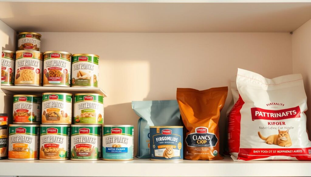 A well-stocked shelf of budget-friendly cat food options, including a variety of high-quality wet and dry kibble. The cans and bags are neatly arranged, showcasing different protein sources and flavors. The lighting is warm and natural, creating a cozy and inviting atmosphere. The background is a simple, clean white backdrop, allowing the products to take center stage. The overall scene conveys a sense of affordability and practicality, with an emphasis on providing nutritious and delicious meals for feline companions.