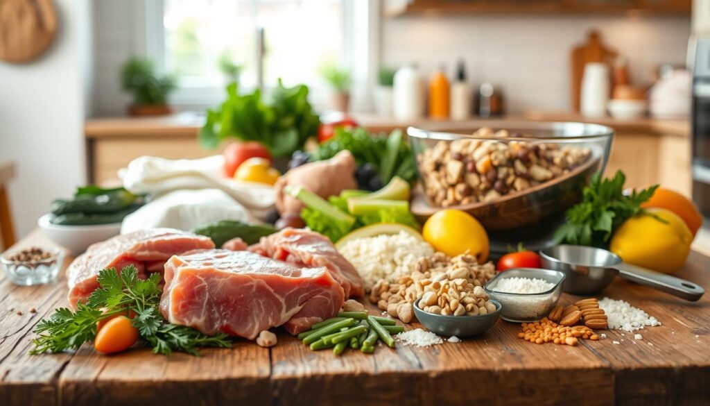 Homemade cat food recipe, neatly arranged on a rustic wooden table. In the foreground, a variety of fresh, high-quality ingredients: lean meat, organ meats, vegetables, fruits, and supplements. Mid-ground, a mixing bowl filled with the prepared mixture, alongside a scoop and a measuring cup. In the background, a clean, well-lit kitchen setting with natural light filtering in through a window, creating a warm, inviting atmosphere. The image conveys a sense of care, attention to detail, and a commitment to providing a nutritious, homemade meal for a beloved feline companion.
