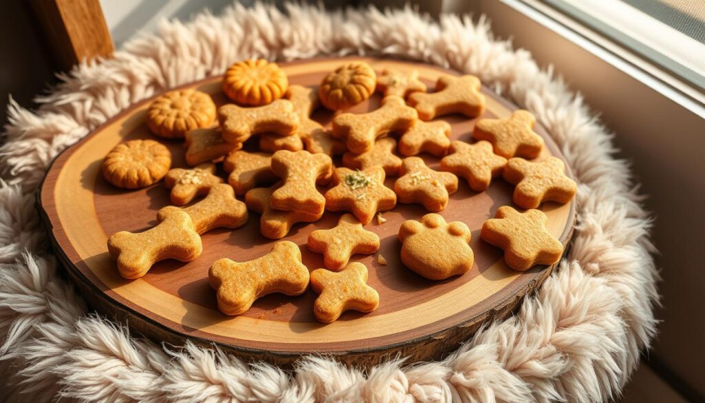 Homemade cat treats, freshly baked and arranged on a rustic wooden board. The treats are in various shapes and sizes, some round, some bone-shaped, and others in the form of paw prints. The treats have a golden-brown color, indicating a perfect bake, and are dusted with a light sprinkling of natural ingredients like catnip, dried salmon flakes, or shredded cheese. The board is placed on a soft, plush cat bed, creating a cozy and inviting atmosphere. Warm, natural lighting from a nearby window casts a soft glow on the treats, highlighting their texture and appealing appearance. The overall scene conveys a sense of homemade care and affection for the feline companion.