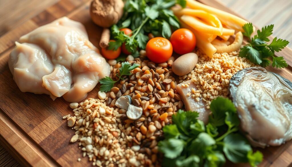 a close-up shot of a wooden cutting board with various fresh, homemade cat food ingredients arranged neatly on it, including high-quality protein sources like chicken, turkey, or fish, as well as fresh vegetables, grains, and herbs. The lighting is warm and natural, highlighting the vibrant colors and textures of the ingredients. The camera angle is slightly elevated, creating a sense of rustic simplicity and homemade charm. The overall mood is one of care, nutrition, and wholesome goodness, reflecting the care and attention that goes into preparing a healthy, homemade meal for a beloved feline companion.