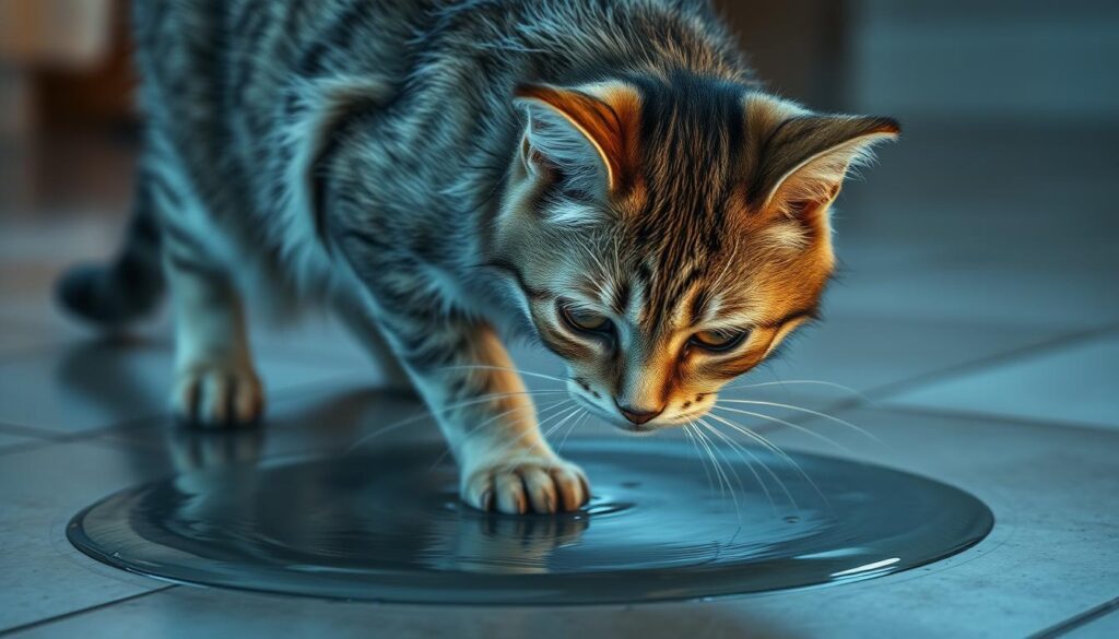 A close-up of a wet, trembling cat with dilated pupils and arched back, attempting to flee from a shallow puddle of water on a tiled floor. The cat's fur is slicked down, and its expression conveys a mixture of fear and discomfort. The lighting is slightly moody, with soft shadows and highlights accentuating the cat's tense posture. The background is blurred, focusing the viewer's attention on the cat's struggle with hydrophobia. The composition and camera angle create a sense of tension and unease, reflecting the cat's inner turmoil and the challenges of helping a hydrophobic feline overcome its water-related fears.