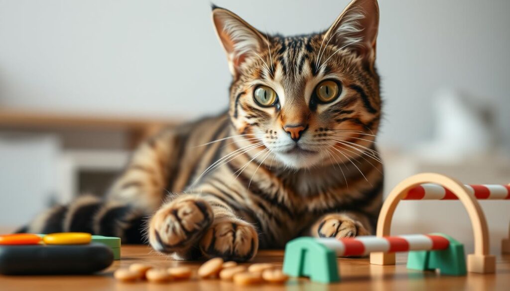 A close-up portrait of a tabby cat sitting attentively, its eyes focused and alert, as if ready to learn. In the foreground, the cat's paws are positioned on a table, with various cat training tools such as clickers, treats, and a cat-sized agility course visible. The lighting is soft and natural, highlighting the feline's curiosity and the care taken in the training environment. The background is blurred, creating a sense of depth and emphasizing the cat's central role. The overall mood is one of a positive, rewarding training session, where the cat's natural intelligence and willingness to learn are celebrated.