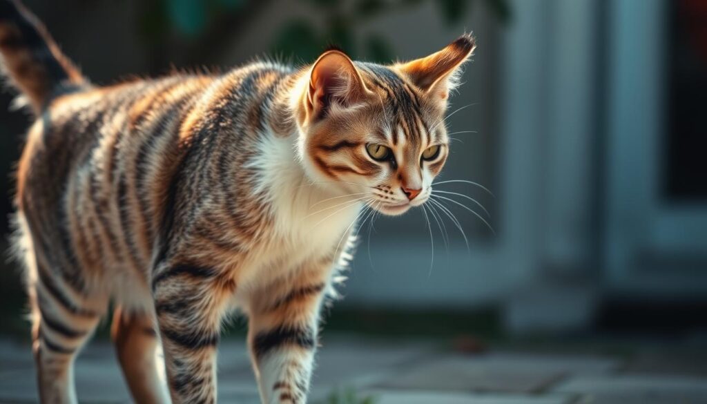 A close-up view of a domestic cat standing alert, its body low and tense, eyes narrowed and focused, tail swishing with cautious movements. The feline's hackles are slightly raised, conveying a sense of territorial guarding and vigilance. Soft, diffused natural lighting illuminates the scene, casting subtle shadows that accentuate the cat's muscular form and attentive expression. The background is blurred, hinting at an outdoor setting, perhaps a backyard or garden, where the cat is carefully surveying its domain.