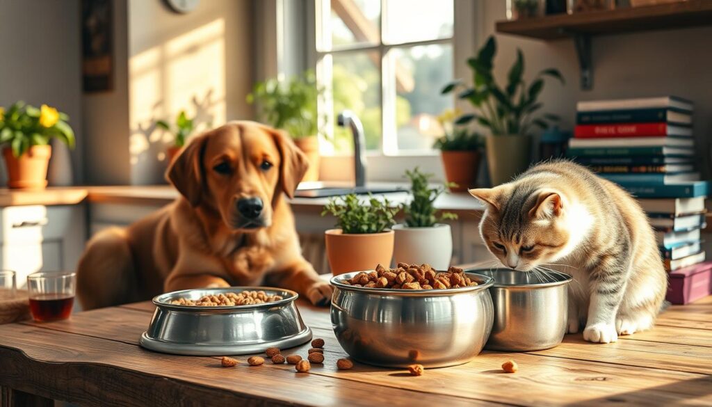 A cozy kitchen scene with a dog and cat enjoying their nutritious meals. In the foreground, the dog sits patiently, their bowl filled with high-quality kibble and fresh water. Next to them, the cat delicately laps from their sleek stainless-steel bowl, filled with a savory wet food. Warm natural light filters in through the large window, casting a soft glow on the scene. Potted herbs and a stack of pet care books decorate the rustic wooden table, creating a harmonious, nurturing atmosphere. The image conveys the joy and care of providing tailored, healthy diets for beloved household pets.