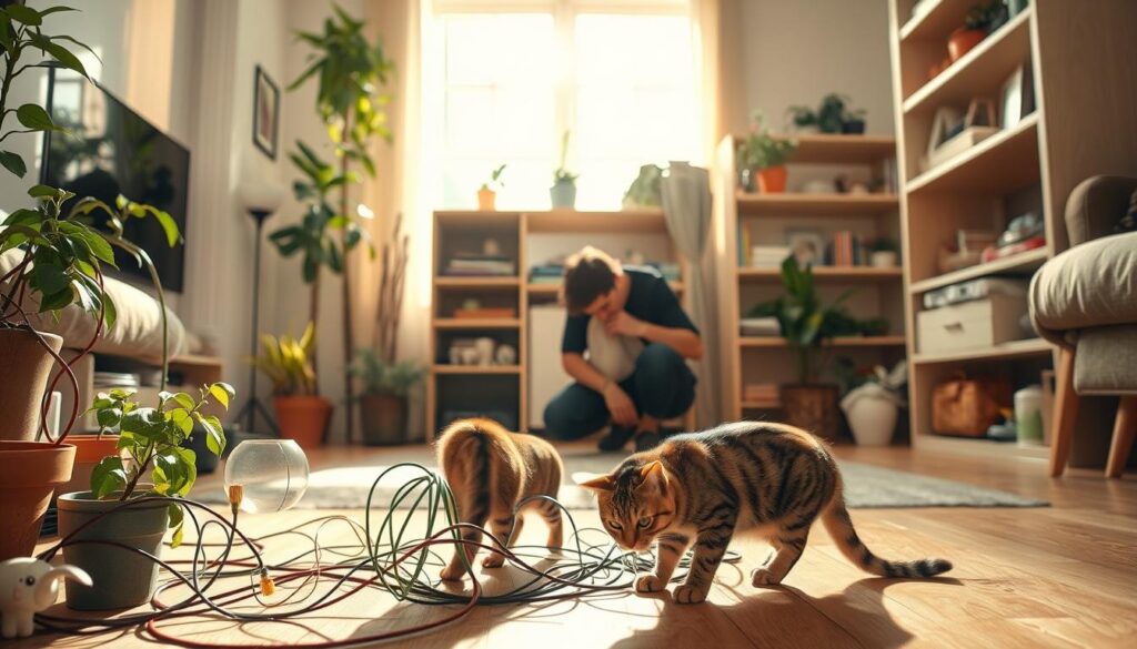 A cozy living room, bathed in warm, natural lighting. In the foreground, a curious tabby cat explores a tangle of carefully arranged household items - potted plants, dangling cords, and fragile trinkets - all strategically placed to create a safe, cat-friendly environment. In the middle ground, a human crouches, carefully securing cabinet doors and shelves, ensuring their new feline companion has a secure, enriching space to thrive. The background showcases a minimalist, clutter-free design, with clean lines and muted tones, creating a harmonious, calming atmosphere. The overall scene conveys a sense of thoughtful preparation and the blossoming of a new, mutually beneficial relationship between human and cat.