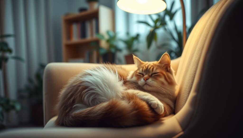 A cozy living room scene with a cat curled up contentedly on a plush armchair, basking in the warm glow of a floor lamp. The feline's eyes are closed, exuding a sense of tranquility and relaxation. In the background, a bookshelf and potted plants create a soothing, homely atmosphere. The lighting is soft and diffused, highlighting the cat's fluffy fur and the serene, therapeutic ambiance. A wide-angle lens captures the intimate bond between the cat and its human companion, showcasing the emotional comfort and companionship that felines can provide in a domestic setting.