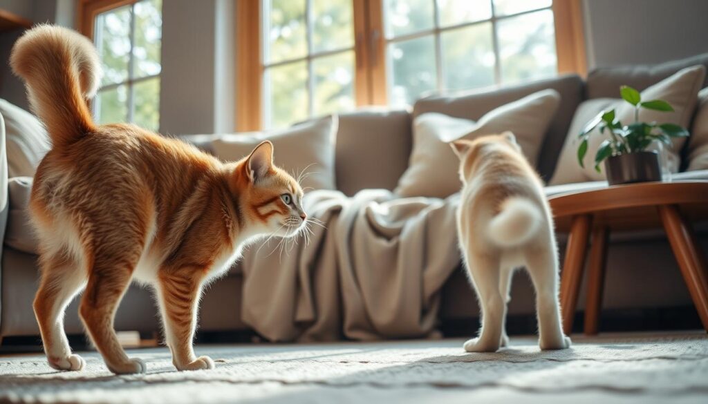 A cozy living room setting, natural sunlight filtering through large windows. In the foreground, a curious cat cautiously approaches a friendly dog, their noses gently touching as they sniff and size each other up. The dog's tail wags slowly, its expression calm and welcoming. The cat's posture is alert but not defensive, its golden eyes filled with inquisitive wonder. Plush throw pillows, a soft area rug, and a wooden end table with a leafy houseplant create a warm, inviting atmosphere. The scene conveys a sense of harmony, as the two animals tentatively but confidently begin their introduction, setting the stage for a budding friendship.