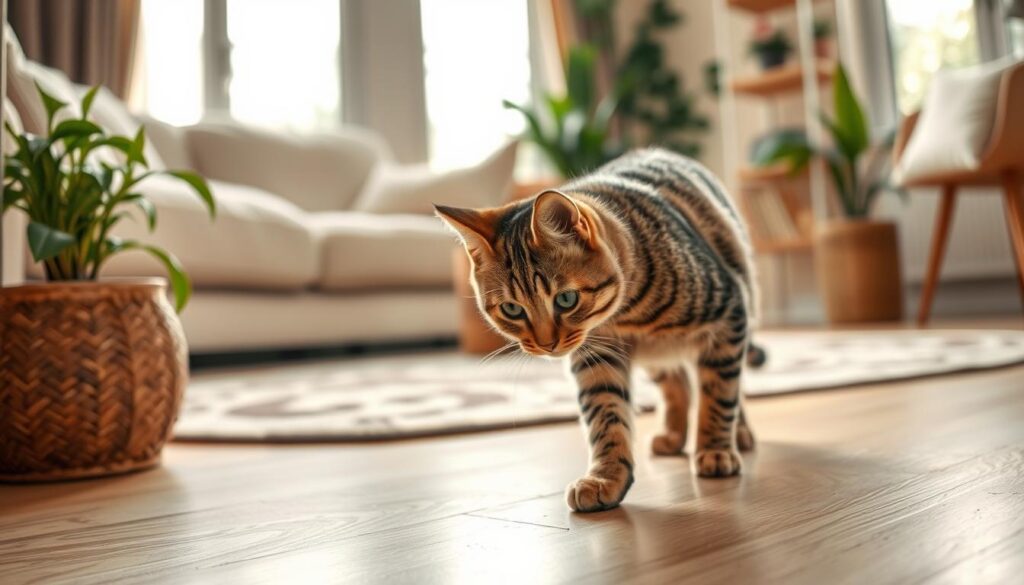 A cozy scene of a tabby cat exploring a new home on its first day. The feline cautiously sniffs around a well-lit living room, taking in the unfamiliar sights and smells. Soft natural light filters through large windows, illuminating plush furniture and potted plants. The cat's curious gaze conveys a mix of wariness and excitement as it navigates this novel environment. Subtle textures like the cat's fur, the fabric of the couch, and the grain of wooden floors lend a tactile, immersive quality. The composition emphasizes the cat's scale and placement within the space, creating a sense of intimacy and discovery. An aura of tranquility and gentle anticipation pervades the scene, capturing the special bond between a new pet and its caring owner.