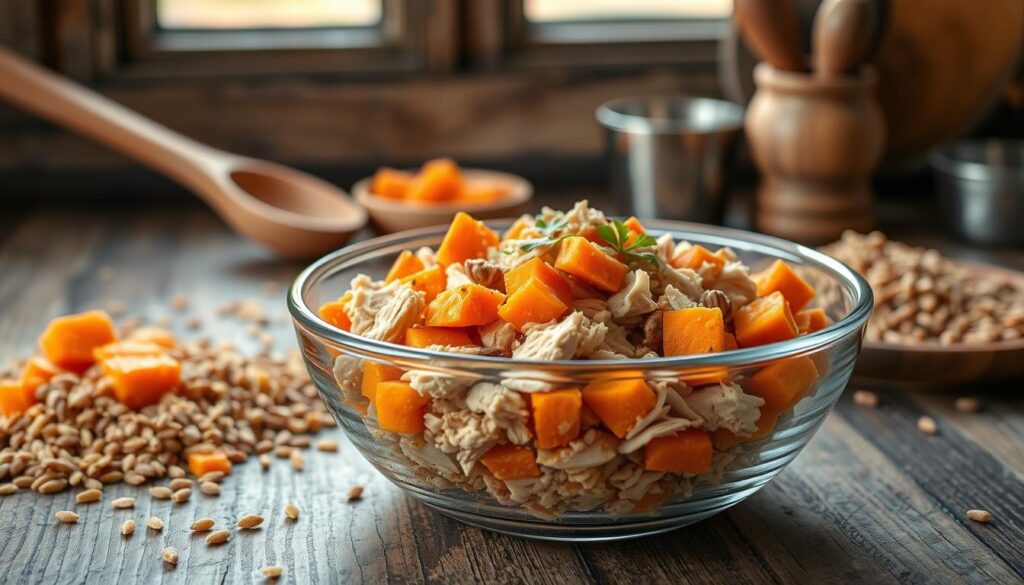 A delicious homemade cat food recipe presented on a rustic wooden table. In the foreground, a glass bowl filled with a savory mixture of shredded chicken, chopped carrots, and diced sweet potatoes. Scattered around the bowl are whole grains like brown rice and quinoa. Subtle natural lighting from a window casts a warm glow, highlighting the rich colors and textures. In the background, simple kitchenware like a wooden spoon and measuring cups create a cozy, homemade atmosphere. The scene conveys a sense of healthy, handcrafted nourishment for your feline companion.