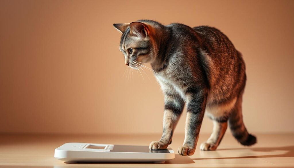 A domestic housecat stands in profile, its body language conveying concern as it gazes down at a digital weight scale. The feline's eyes are alert, its expression thoughtful, as if contemplating its own weight management. The scene is bathed in warm, diffused lighting, casting soft shadows and highlighting the cat's sleek, well-groomed fur. The background is a neutral, uncluttered space, allowing the viewer to focus on the cat's introspective moment. Subtle, muted tones create a calming, contemplative atmosphere, emphasizing the importance of the cat's health and wellbeing.