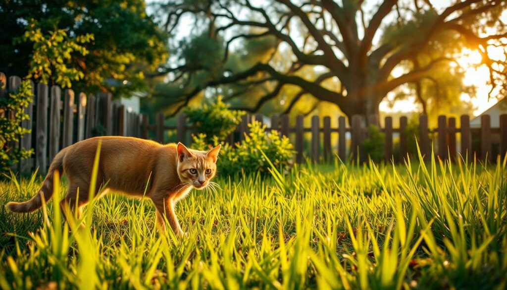 A lush, verdant backyard at golden hour. In the foreground, an inquisitive outdoor cat cautiously stalks through the tall grass, its sleek, tawny fur catching the warm sunlight. Its focused gaze scans the scene, alert for any movement or potential prey. In the middle ground, a wooden fence frames the scene, weathered by time and the elements. Beyond, a row of towering oak trees sway gently in the breeze, their leaves casting dappled shadows across the ground. The overall atmosphere is one of peaceful exploration, the cat's natural curiosity and instincts on full display in its outdoor domain.