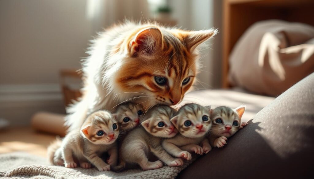 A mother cat, her soft fur shimmering in natural light, gently carries her newborn kittens one by one in her mouth, tenderly depositing them at the feet of a caring human. The kittens, tiny bundles of fluff, nestle close to their human companion, their large eyes filled with innocent wonder. The scene exudes a sense of trust, affection, and the innate maternal instinct of the feline. The background is a cozy, inviting domestic setting, with muted colors and soft shadows that create a warm, intimate atmosphere. The composition draws the viewer's attention to the central interaction between the cat and the human, highlighting the cat's desire to share and entrust its precious offspring.