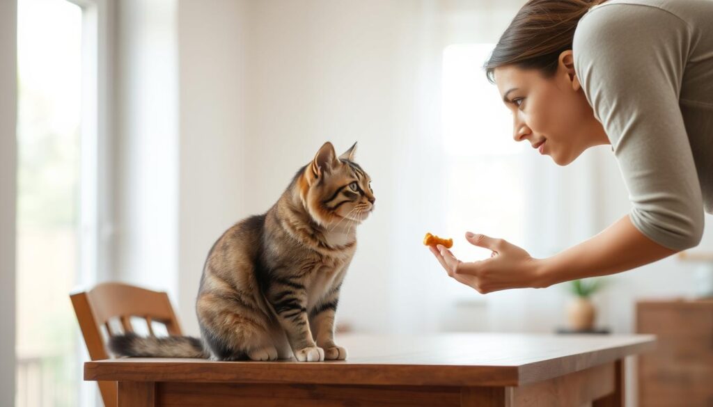 A serene home interior with natural lighting, showcasing a cat sitting attentively on a wooden table, its gaze fixed intently on the human figure standing beside it. The human is leaning forward, hand extended, demonstrating positive reinforcement techniques such as gentle petting and offering a treat. The background features soft, muted tones, creating a calming atmosphere conducive to effective cat training. The overall scene conveys a sense of understanding, patience, and the establishment of a harmonious relationship between the cat and its caregiver.