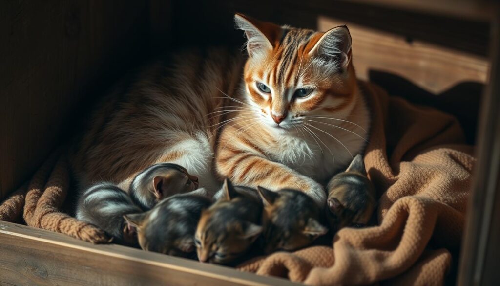A serene, natural-lit scene of a mother cat protectively cradling her litter of newborn kittens. The feline family nestled in a cozy, rustic setting - a wooden crate lined with soft, earth-toned fabrics. Gentle shadows and warm, muted tones create an intimate, domestic atmosphere. The mother's expression radiates a soothing, maternal tenderness as she vigilantly watches over her precious offspring. The kittens, curled up and nestled against their mother, convey a sense of security and contentment. Subtle textures, realistic fur details, and thoughtful camera angles emphasize the nurturing bond between the cat and her kittens.