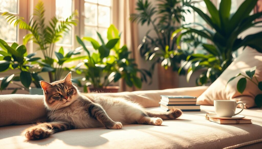 A serene, sun-dappled living room, with a contented cat lounging on a plush sofa. In the foreground, the feline stretches, revealing its soft, sleek fur. In the middle ground, a stack of books and a cup of tea hint at the calming, restorative presence of the cat. The background is filled with lush, verdant houseplants, creating a soothing, natural atmosphere. Warm, golden lighting filters through large windows, casting a gentle glow on the scene. The overall mood is one of tranquility and wellness, showcasing the health benefits of the cat's companionship.