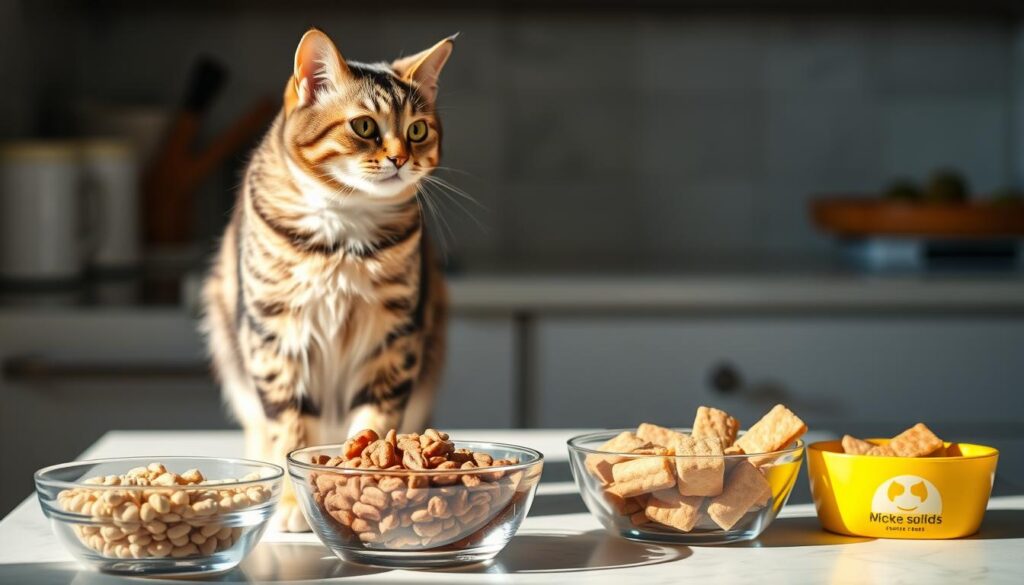 A tabby cat standing on a kitchen counter, examining several different bowls of cat food. The cat's head is tilted, conveying curiosity and focus. Soft, natural lighting illuminates the scene, casting gentle shadows. The bowls contain various kibble, wet food, and premium cat treats, representing the different stages of the cat's dietary transition. The background is blurred, keeping the attention on the cat and the food choices. The mood is one of thoughtful contemplation, as the cat considers its new, healthier eating options.