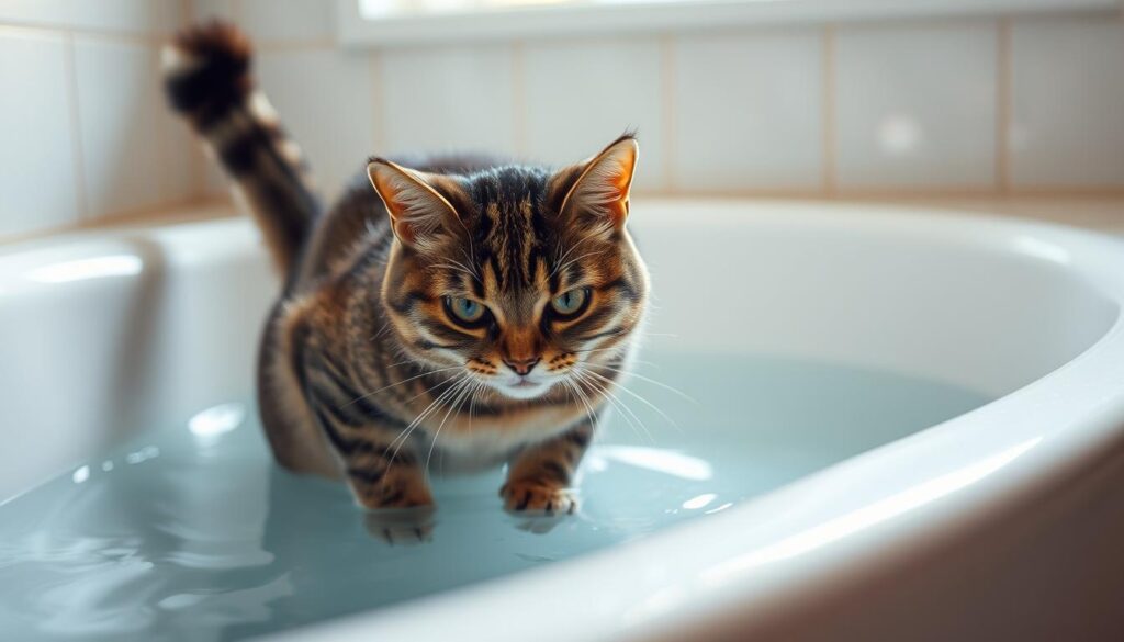 A tabby cat with wide, fearful eyes, cowering on the edge of a bathtub filled with water. Its fur stands on end, and its tail is puffed up, signaling its distress. The cat's body is tense, ready to spring away from the threatening liquid. Diffused natural light filters in through a nearby window, casting soft shadows and highlights on the cat's form. The scene conveys a sense of the cat's intense discomfort and aversion to the water, capturing the essence of a hydrophobic feline.