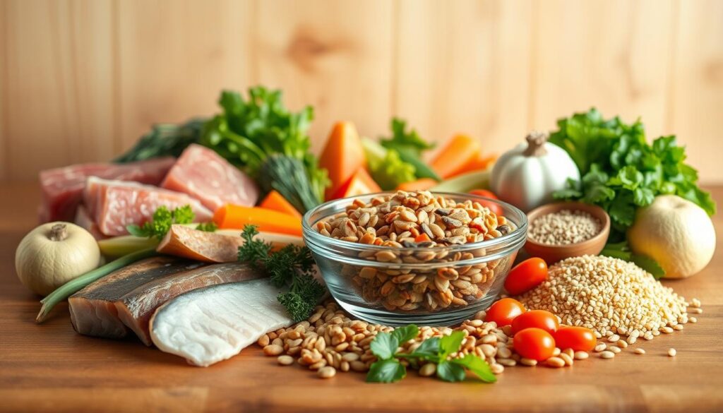A visually appetizing arrangement of homemade cat food ingredients on a wooden table, showcasing the benefits of a healthy, natural diet. In the foreground, a selection of fresh meat, fish, vegetables, and grains are neatly presented, with a soft, warm lighting highlighting their vibrant colors and textures. The middle ground features a glass bowl filled with a nutritious, homemade cat food mixture, while the background features a clean, minimal setting with a wooden backdrop, conveying a sense of simplicity and purity. The overall mood is one of wellness, showcasing the advantages of a homemade, wholesome approach to feline nutrition.