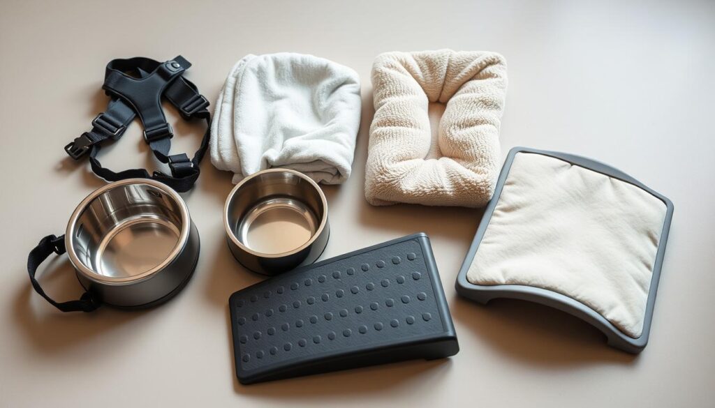 A well-lit, close-up shot of a variety of essential paralyzed cat care products, including a sturdy harness, specialized feeding bowls, soft bedding, and adjustable litter box ramps. The items are arranged neatly on a smooth, neutral-colored surface, conveying a sense of organization and practicality. The lighting is soft and diffuse, highlighting the textures and colors of the products. The overall mood is one of calm, care, and attention to the needs of a beloved paralyzed feline companion.