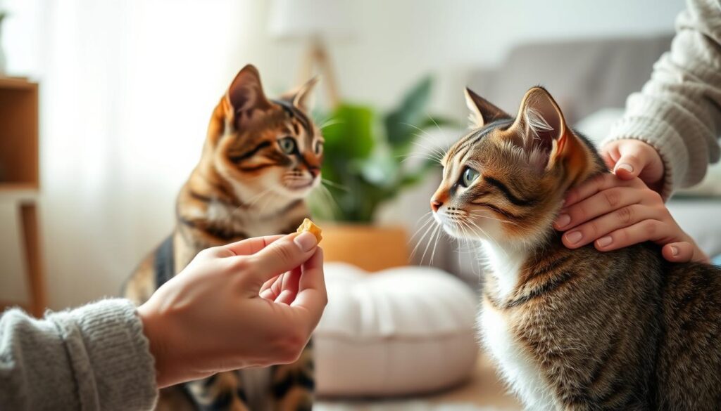 A well-lit, detailed scene of a cat behavior training session. In the foreground, a calm and focused feline sits attentively, its gaze fixed on a positive reinforcement treat held by a caring human hand. The middle ground shows the trainer gently guiding the cat through a simple command, using gentle body language and soothing vocal cues. The background depicts a cozy, domestic setting with soft textures and natural lighting, creating a serene, supportive atmosphere for the training process. The overall mood conveys the harmony and mutual understanding between the cat and its human companion as they work together towards a well-behaved, obedient pet.