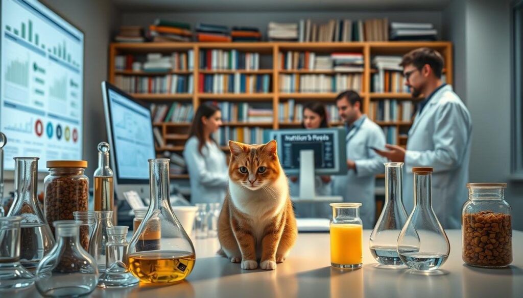 A well-lit laboratory setting with a foreground featuring scientific instruments, glass beakers, and a cat examining a nutrition chart. In the middle ground, a team of researchers in lab coats intently studying feline dietary data on a computer screen. The background depicts a wall of bookshelves filled with scientific journals and textbooks on veterinary nutrition. Soft, warm lighting creates a contemplative atmosphere, highlighting the precision and dedication required to uncover the complex science behind optimal feline dietary needs.