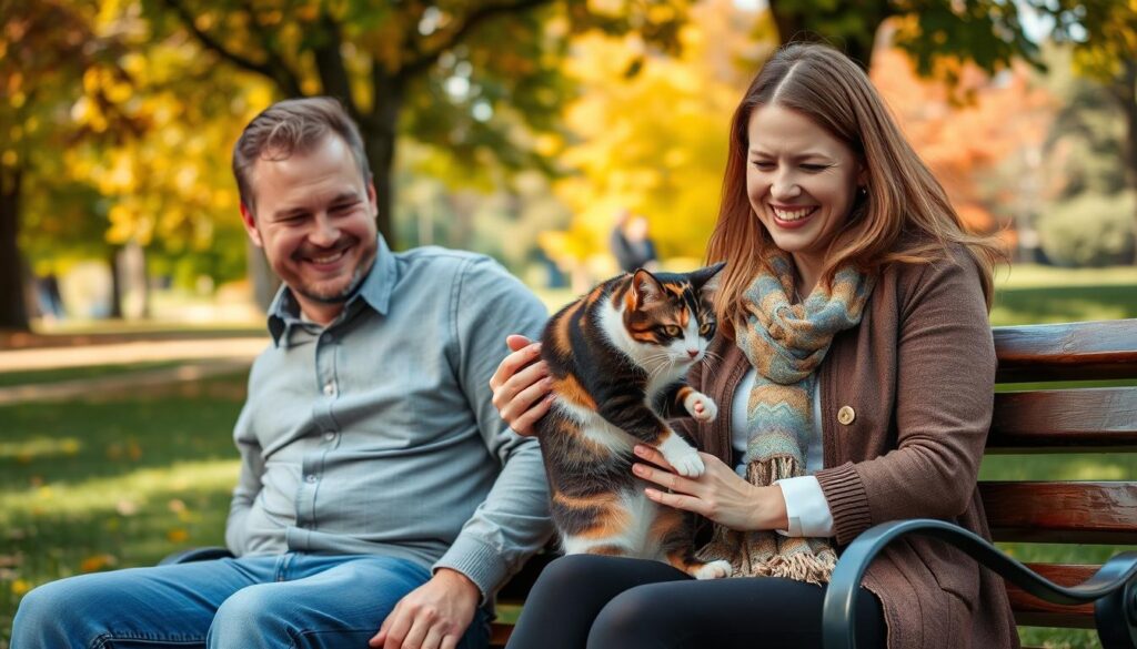 Two former cat-hating people, a man and a woman, sitting together on a park bench and petting a calico cat that has jumped onto the bench between them. They are both smiling warmly, their body language showing affection and a changed attitude towards the feline. The scene is set in a lush, sun-dappled park on a pleasant autumn day, with a background of vibrant fall foliage. Soft, directional lighting illuminates the subjects' faces, creating a sense of tranquility and contentment.